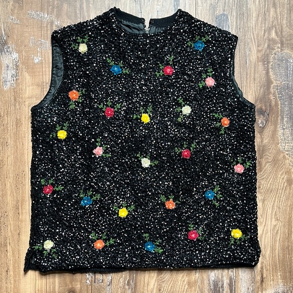 Vintage 50/60’s Black Full Sequin Floral Crown Colony of Hong Kong Sweat… - Picture 1 of 9